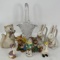 Glass Bride's Basket, Animal Figures- Bunnies, Geese, Girl and Cat