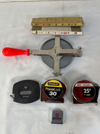 Measuring Tool Lot: Folding Rules, Lufkin Derrick Tape Measure and Other Tape Measures