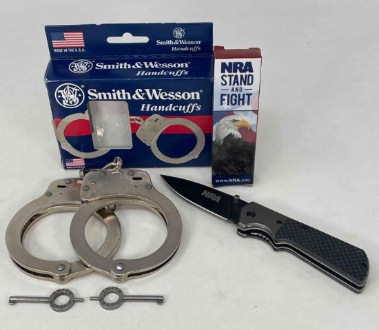 Smith & Wesson M100-1 Hand Cuffs with Keys and Box; and NRA Stand & Fight Folding Knife with Box
