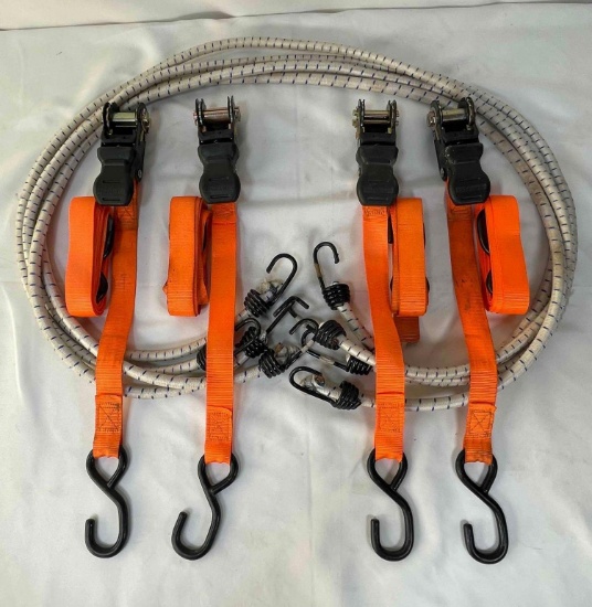4 Orange Ratchet Straps with Hooks and (4) 64" Bungee Cords