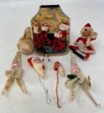 Vintage Christmas Lot- White Metal Fireplace with Stockings and Ornaments