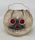 Early Papier Mache White Jack-O-Lantern Halloween Lantern with Red Eyes and Nose