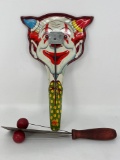 Vintage Tin Litho Metal Clown Noisemaker by US Mfg. Co. and Double Ball Clacker