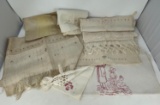 7 Antique Pieces of Homespun Fabric and Other Fabrics, Some Turkey Red Embroidery