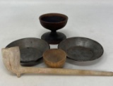 Early Miniature Lot - Wooden Turned Cup, 2 Tin Bowls, Wooden Bowl and Pipe