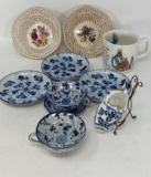 2 Hungary Reticulated Bowls, Beatrix Potter Mug, Blue & White China and Delft Type Infant Feeder