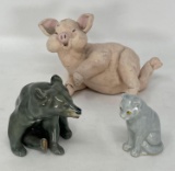 3 Animal Figures- Whimsical Pottery Pig, Porcelain Bear and Cat