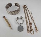 Repousse Bracelet, Mechanical Pencil, Tiffany Key Fob and Watch Chain