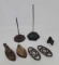 3 Miniature Cast Iron Sad Irons & 2 Trivets, 2 Cast Receipt Pins