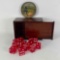 Wooden Box with Slide Lid, 13 Red Dice, German Hand Held Bead Game