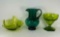 Green Glass Lot- Free-form Bowl, Large Parfait Glass and Dark Green Pitcher