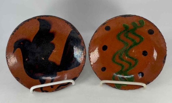 2 Greg Shooner Redware Plates- Bird & Green Squiggles, Both 1998, 5.5" Diameter