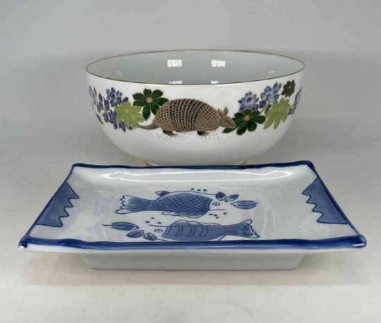 Boehm Texas 150th Anniversary Bowl with Armadillo and Blue & White Fish Platter