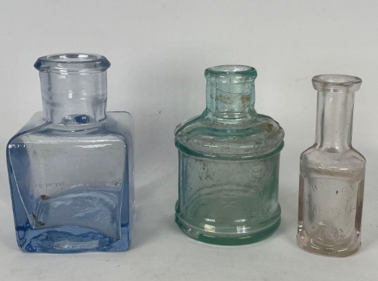 3 Small Glass Bottles- Green is Marked "Ink", Clear Marked "Perfume"