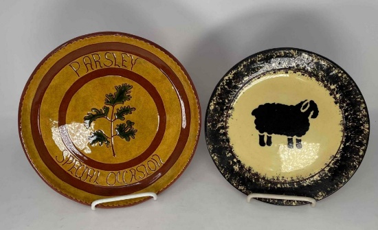 2 Redware Plates- "Parsley-Special Occasion" and Sheep