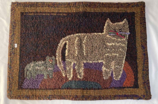 Folk Art Hooked Rug with Striped Cat, Approx. 29.5" x 20.5"