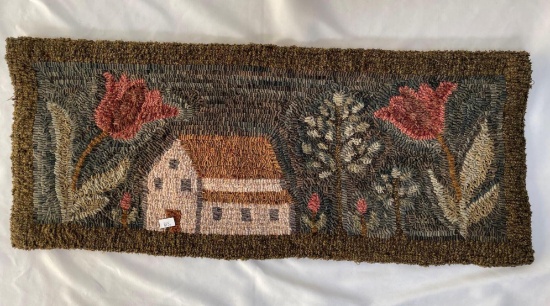 Folk Art Hooked Rug with House and Flowers, Approx. 27" x 11"