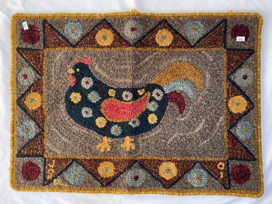 Folk Art Hooked Rug with Rooster, Approx. 24" x 17"