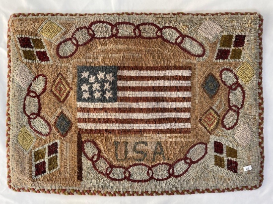 Hooked Rug with Flag and USA, Approx. 25.5" x 16"