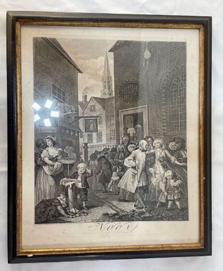 Framed Lithograph of Busy Town Scene, "Noon"