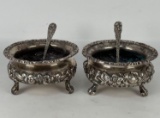Pair of Sterling Repousse Footed Salt Cellars with Spoons, 4.46 ozt.