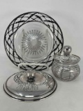 Monogrammed Silver Lid, Lidded Glass Jar with Silver Overlay and Glass Platter with Silver Overlay
