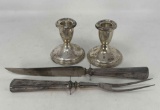 Sterling Handled Carving Set and Sterling Weighted Candle Holders