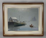 Framed Oil on Board Wharf Scene by B E Oniell, ASMA