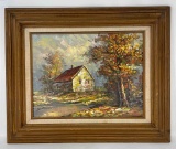 Framed Oil on Board Autumn Cottage Scene, Signed G. Strainer