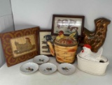 Chicken Teapot, Hen Tureen, 4 Small Rooster Plates, Copper Chicken Mold and More