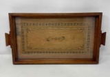 Wooden Serving Tray with Inlaid Design Under Glass