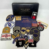 Boyd-Horrox Funeral Home Box, Globe Stamp Album with Stamps, Patches- Military Insignia, Others