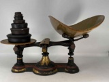 Paint Decorated Balance Scale with Brass Pan and 7 Weights