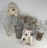 2 Stuffed Coca-Cola Bears, Coke Glasses and Assorted Other Drinking Glasses