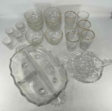 Clear Glass Grouping- Divided Dish, Pickle Dish, 4 Shot Glasses, 8 Dessert Bowls, 6 Glasses