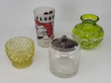 Florida Glass, Green Glass Vase, Vaseline Hobnail Cup and Jelly Jar with Unmarked Silver Lid