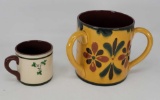 Two Redware Cups - Triple Handled Cup with Saying, Small Cup with Shamrocks 