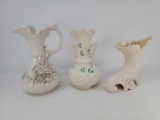 3 Pieces of Irish Belleek- Pitcher with Applied Flowers, Double Handled Vase and Shell Vase