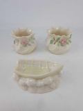 3 Pieces of Irish Belleek- Pair of Small Rose Bowls with Applied Flowers, Boat on Water