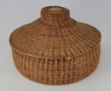 Lidded Woven Sewing Basket with Contents, Feather Stitched