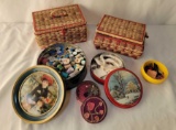 2 Matching Sewing Baskets, Cub Scout Patches, Tins with Thread and Other Sewing Notions