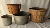 Galvanized Wash Tub and Bucket, 2 Orchard Baskets