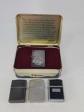 4 Zippo Lighters Including One in Tin Fitted Case