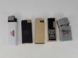 5 Lighters- Moscow, 2 Monogrammed, Jack Daniels and Moyer & Sons Beef Packers