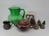 Green Glass Pitcher, Small Metal Cup, Lidded Pottery Bowl, Metal Bells, Christmas Salt & Pepper
