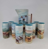 Dryden Pottery Arkansas Water Set with Pitcher and 8 Cups in Wildlife Motif