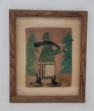 Framed Hooked Rug Piece- Woman with Snowshoes