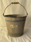 Metal Pail with Blue Stripe, Wooden Handle Grip, Splayed Base