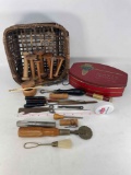 Vintage Sewing Items and Tools in Basket and Lidded Tin