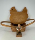 Wood Carving of Man with Cigar, Chicken Cutting Board and Double Handled Basket